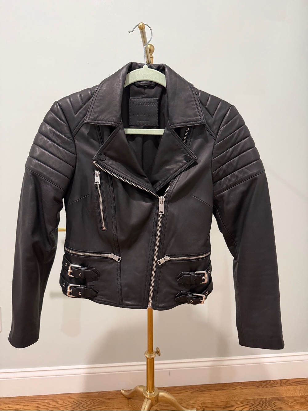 ALLSAINTS Black Leather Moto Jacket with Quilted Shoulders